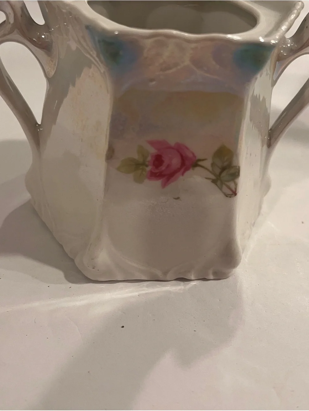 Vintage German Porcelain Floral Sugar Bowl with Pink Rose Accent
